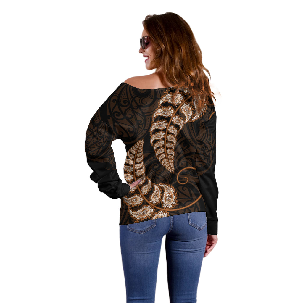 Brown New Zealand Paisley Silver Fern Off Shoulder Sweater Aotearoa Maori - Vibe Hoodie Shop