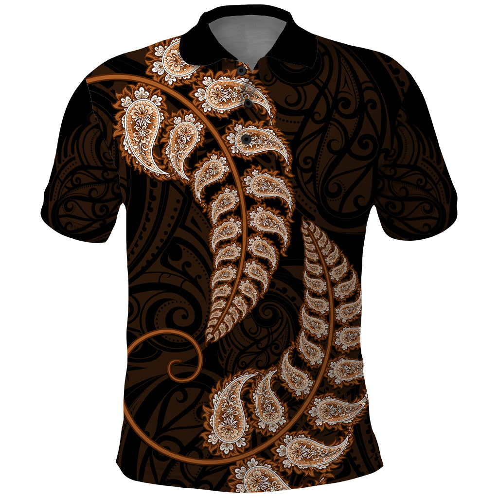 Brown New Zealand Paisley Silver Fern Polo Shirt Aotearoa Maori - Vibe Hoodie Shop