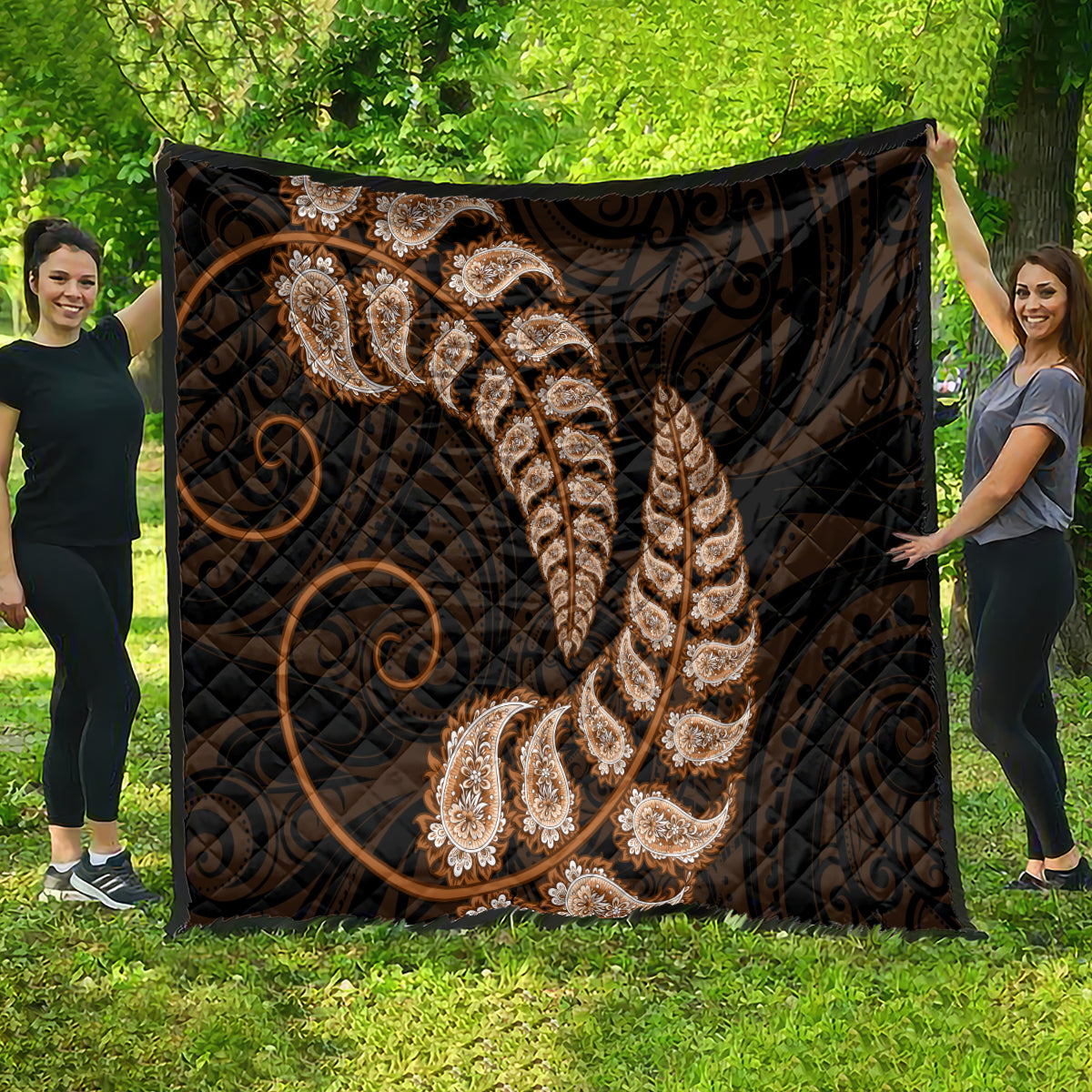 Brown New Zealand Paisley Silver Fern Quilt Aotearoa Maori - Vibe Hoodie Shop