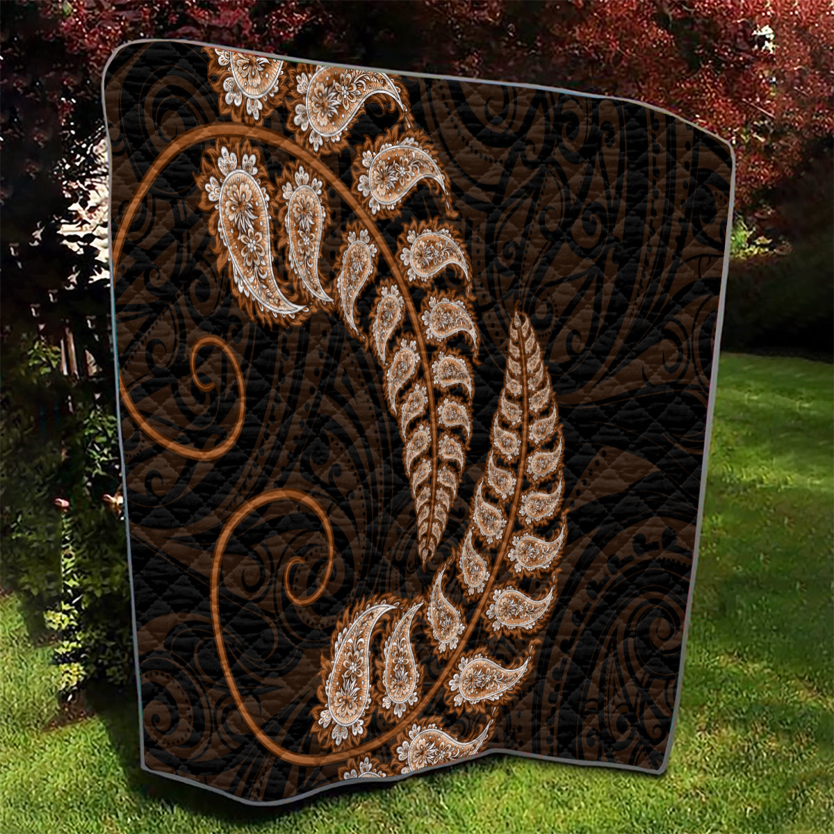 Brown New Zealand Paisley Silver Fern Quilt Aotearoa Maori - Vibe Hoodie Shop