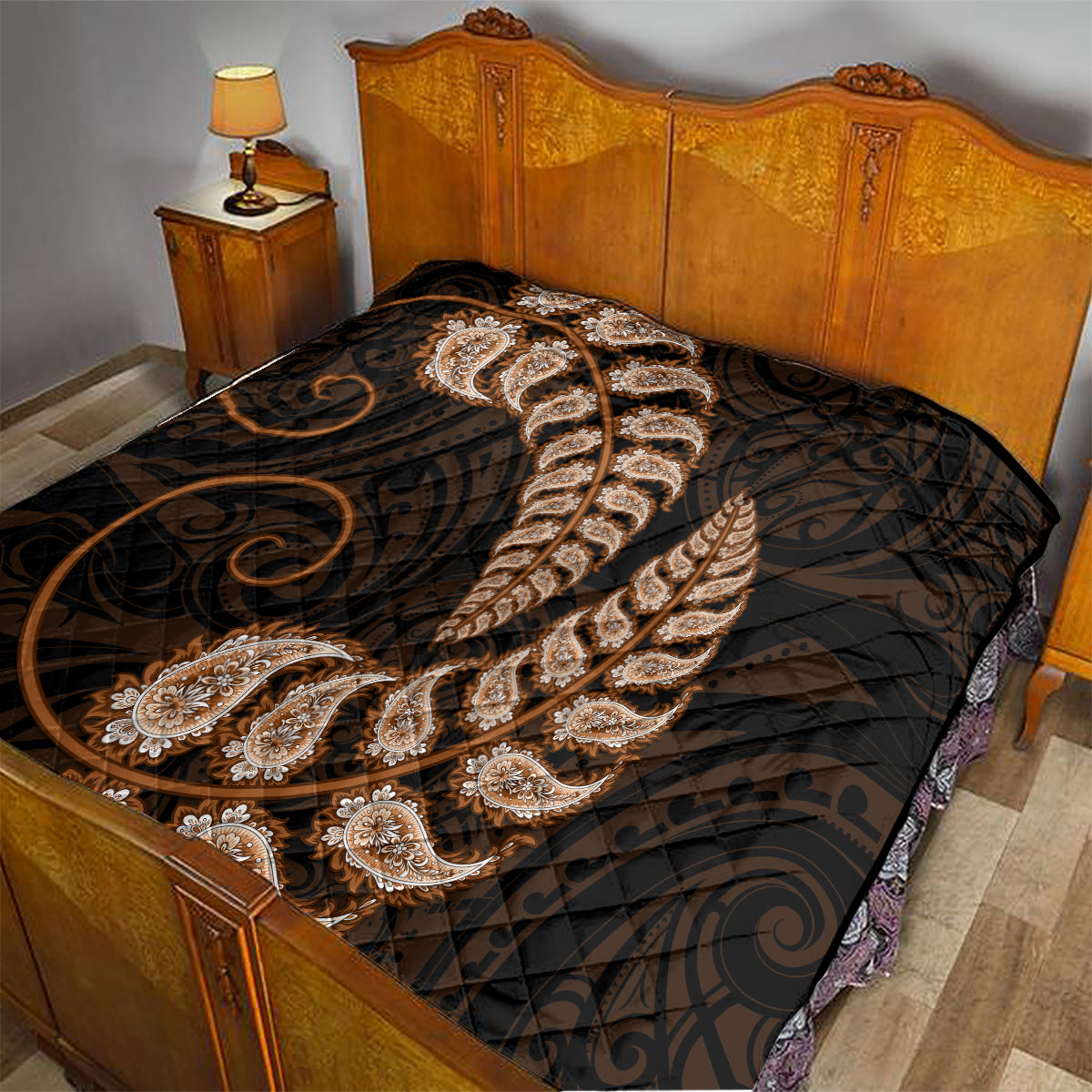 Brown New Zealand Paisley Silver Fern Quilt Aotearoa Maori - Vibe Hoodie Shop