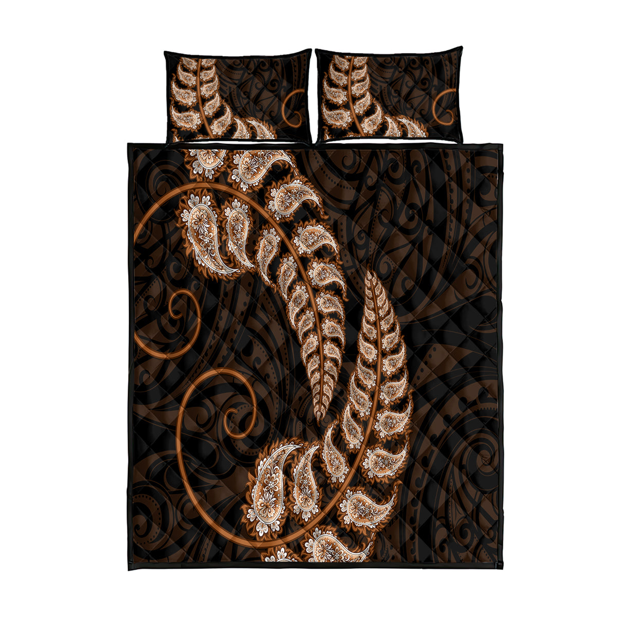 Brown New Zealand Paisley Silver Fern Quilt Bed Set Aotearoa Maori - Vibe Hoodie Shop