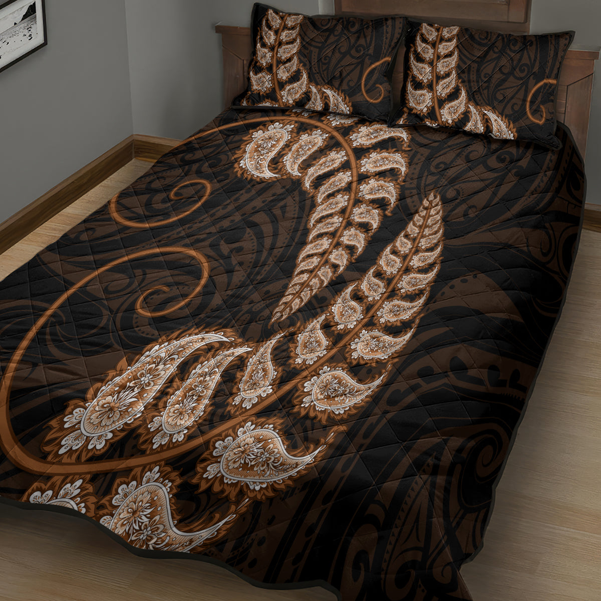 Brown New Zealand Paisley Silver Fern Quilt Bed Set Aotearoa Maori - Vibe Hoodie Shop