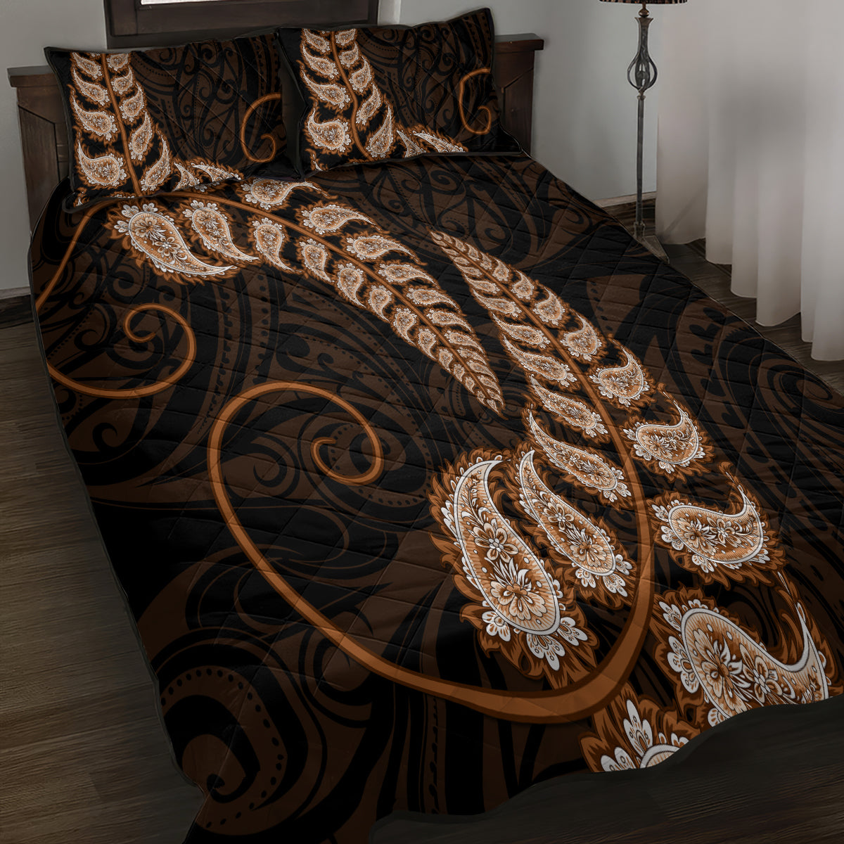 Brown New Zealand Paisley Silver Fern Quilt Bed Set Aotearoa Maori - Vibe Hoodie Shop