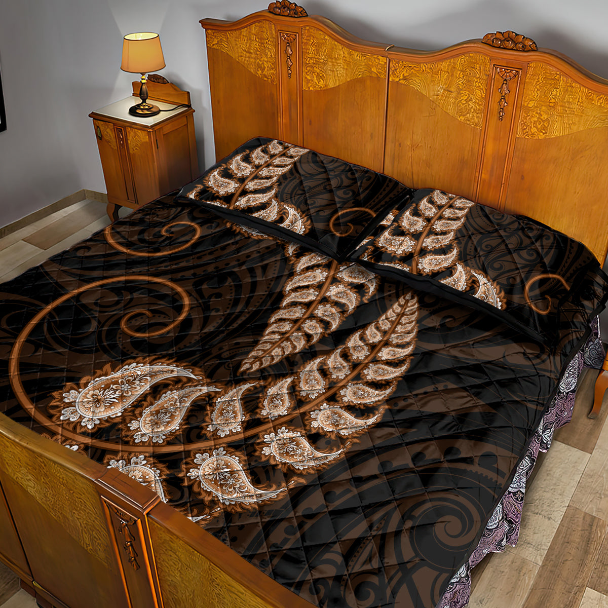 Brown New Zealand Paisley Silver Fern Quilt Bed Set Aotearoa Maori - Vibe Hoodie Shop