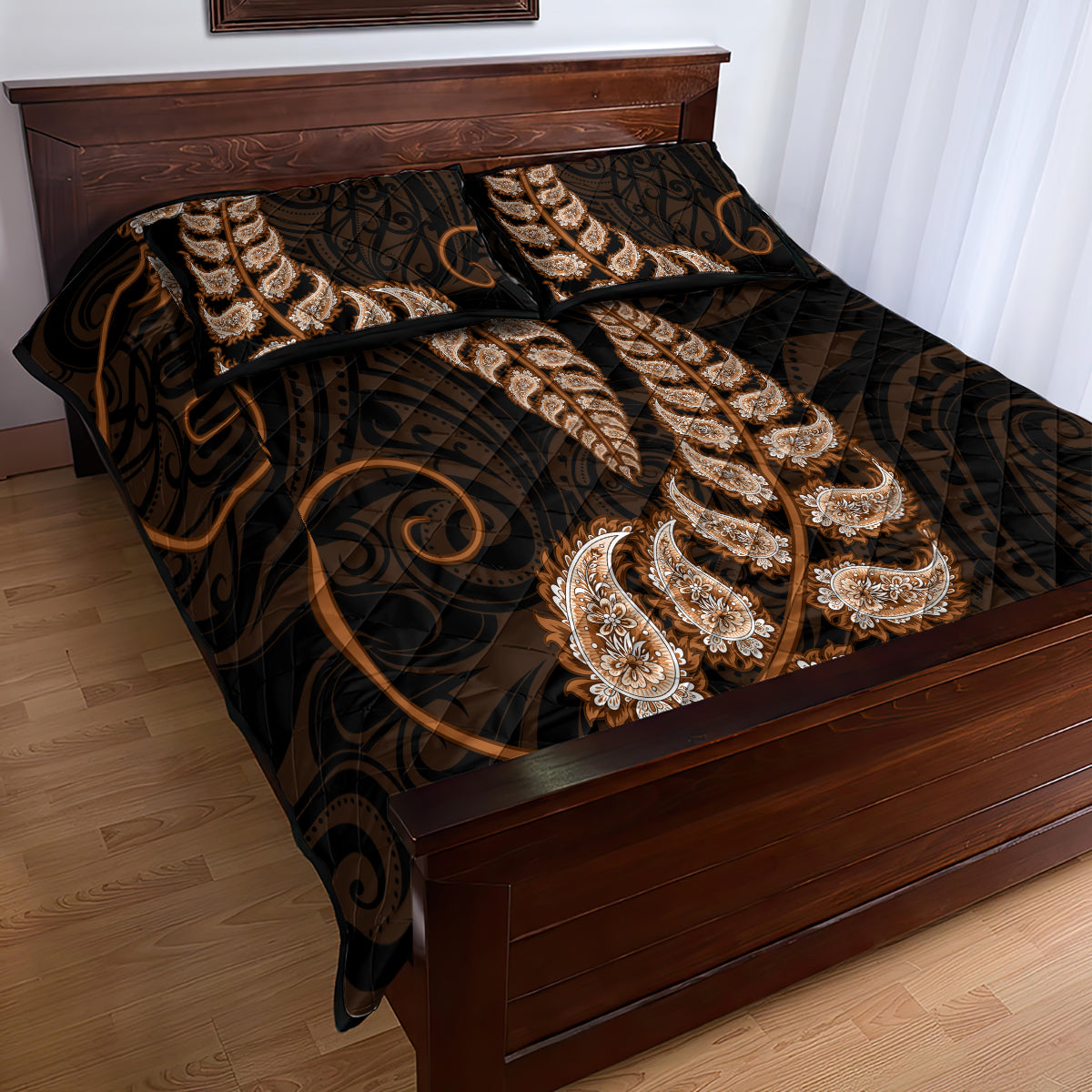 Brown New Zealand Paisley Silver Fern Quilt Bed Set Aotearoa Maori - Vibe Hoodie Shop