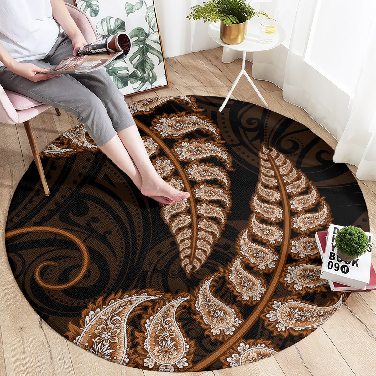 brown-new-zealand-paisley-silver-fern-round-carpet-aotearoa-maori