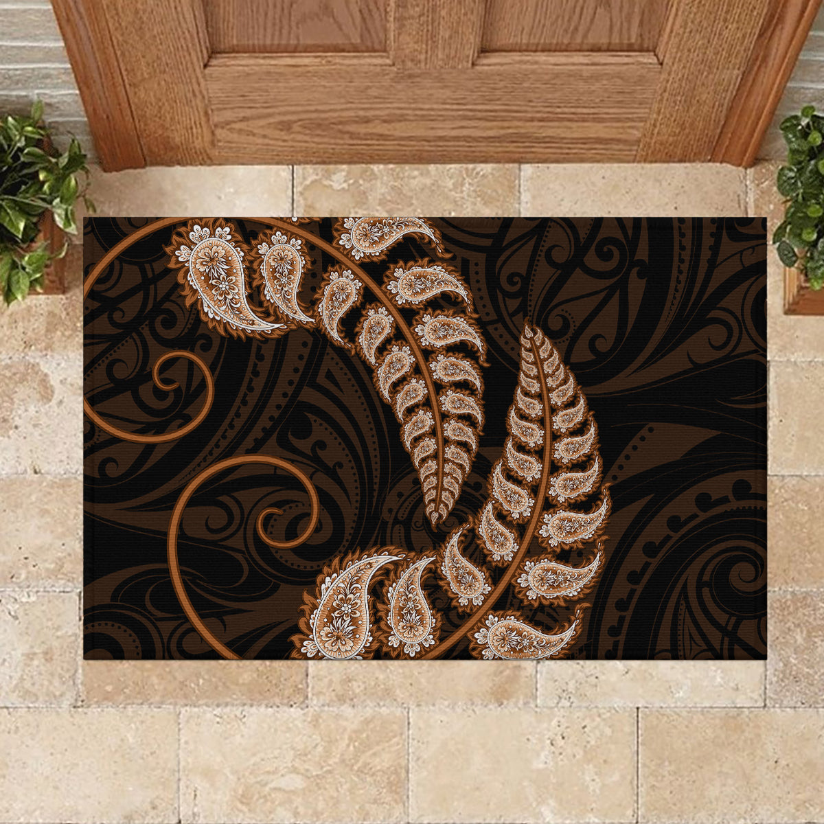 brown-new-zealand-paisley-silver-fern-rubber-doormat-aotearoa-maori