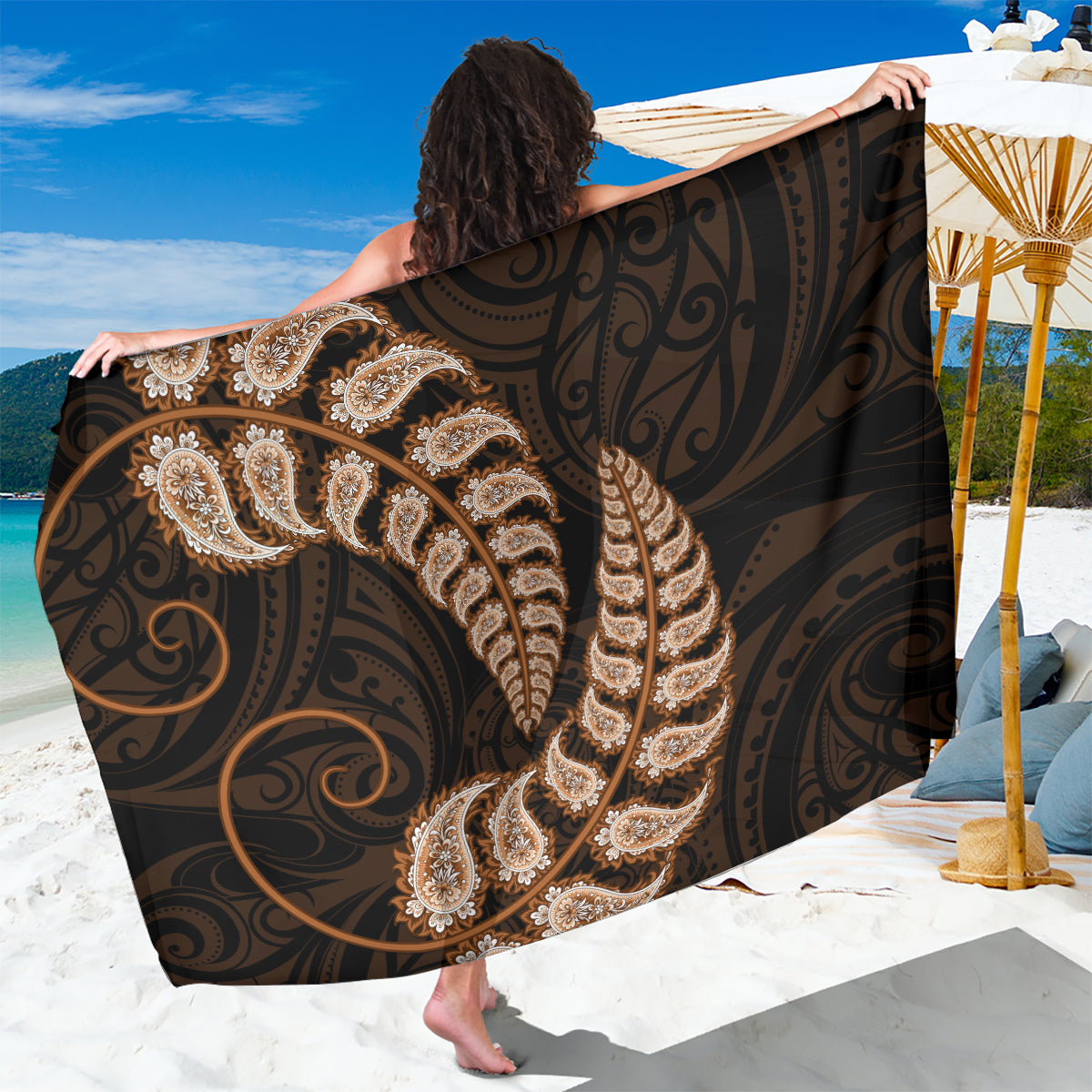 Brown New Zealand Paisley Silver Fern Sarong Aotearoa Maori - Vibe Hoodie Shop