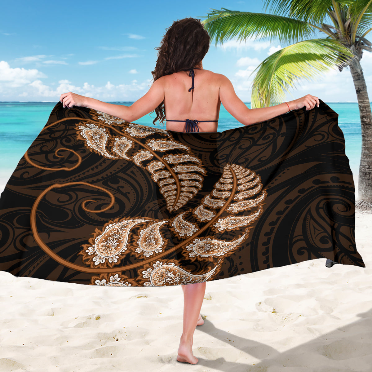 Brown New Zealand Paisley Silver Fern Sarong Aotearoa Maori - Vibe Hoodie Shop