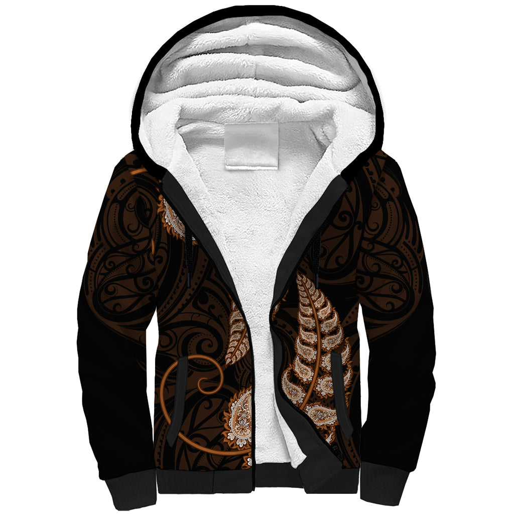 Brown New Zealand Paisley Silver Fern Sherpa Hoodie Aotearoa Maori - Vibe Hoodie Shop