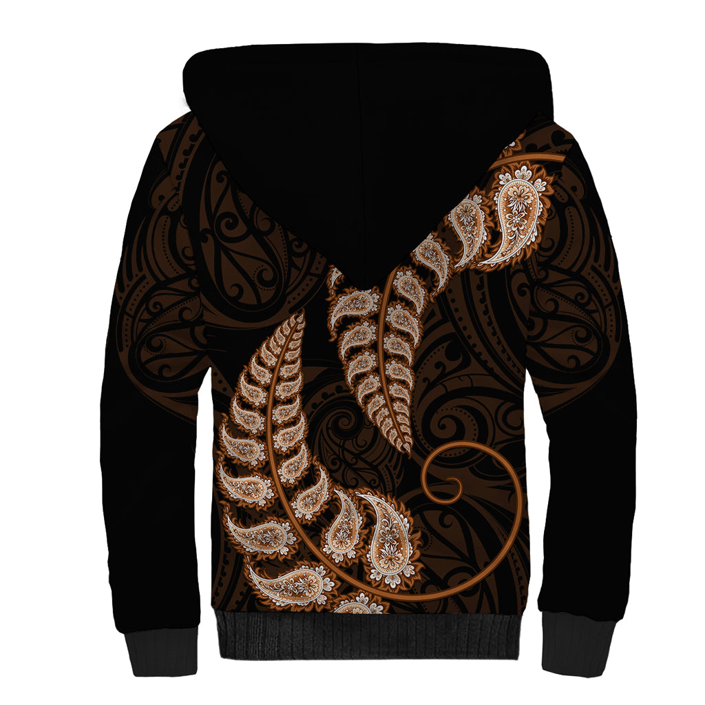 Brown New Zealand Paisley Silver Fern Sherpa Hoodie Aotearoa Maori - Vibe Hoodie Shop