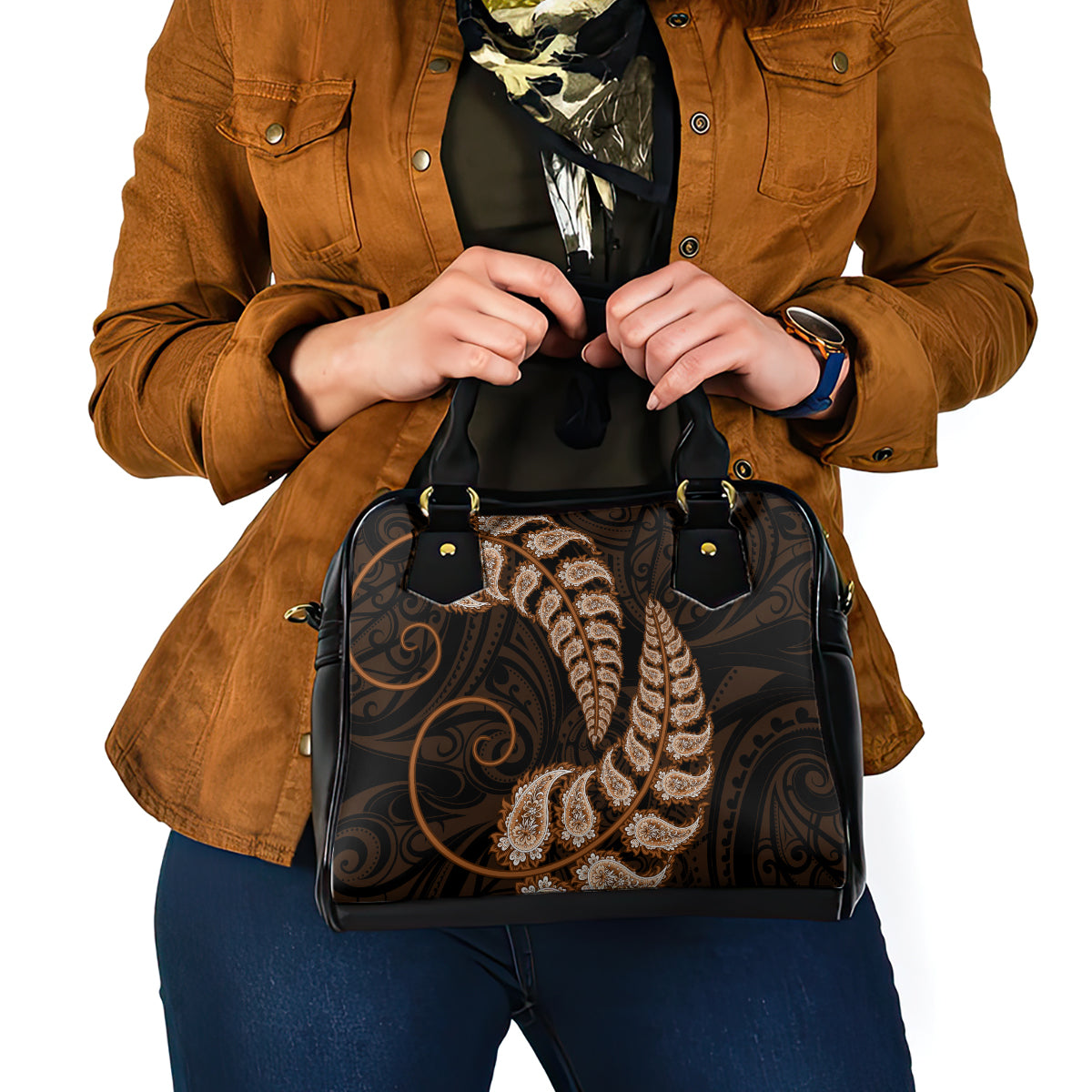 Brown New Zealand Paisley Silver Fern Shoulder Handbag Aotearoa Maori - Vibe Hoodie Shop