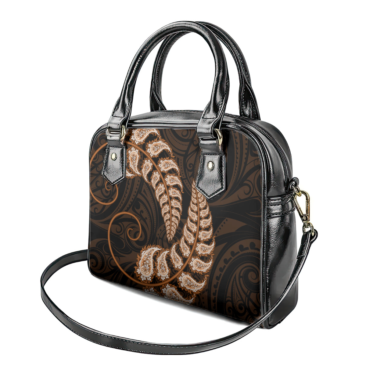 Brown New Zealand Paisley Silver Fern Shoulder Handbag Aotearoa Maori - Vibe Hoodie Shop