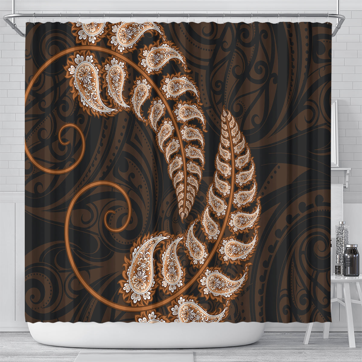 brown-new-zealand-paisley-silver-fern-shower-curtain-aotearoa-maori