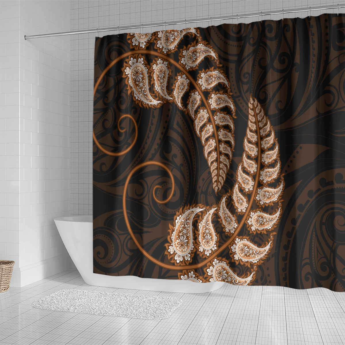 brown-new-zealand-paisley-silver-fern-shower-curtain-aotearoa-maori