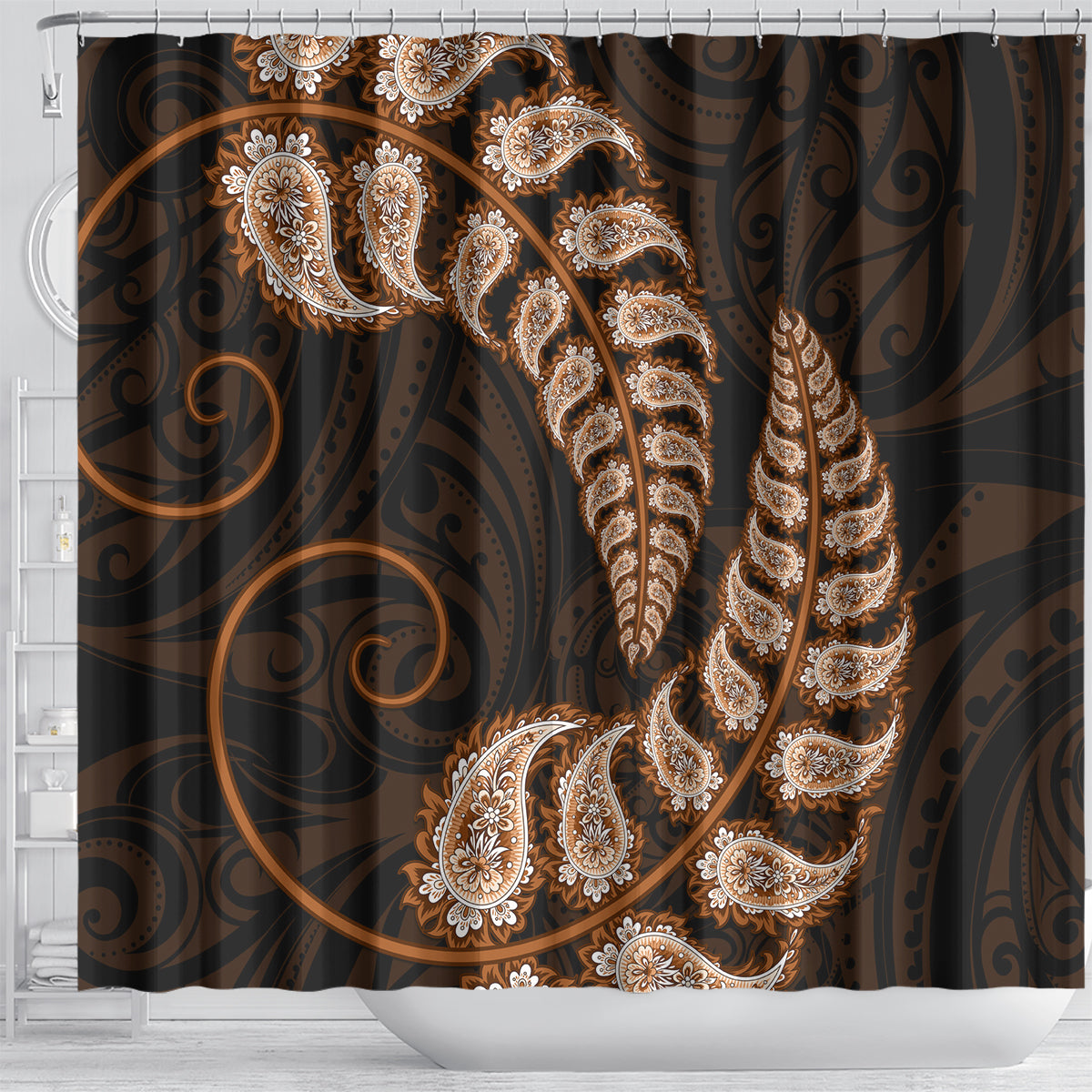 brown-new-zealand-paisley-silver-fern-shower-curtain-aotearoa-maori