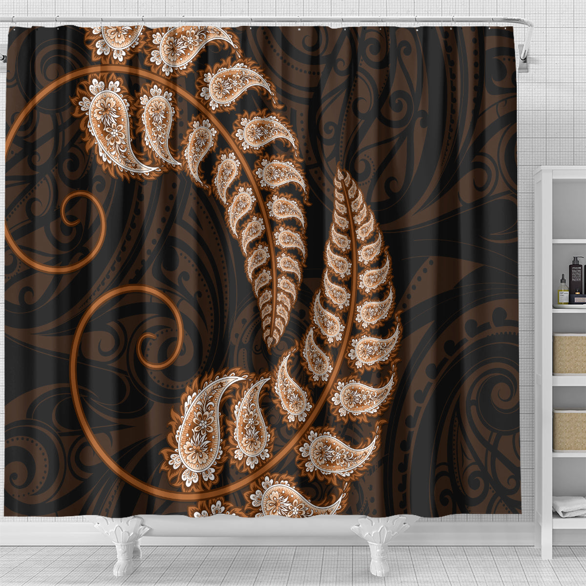 brown-new-zealand-paisley-silver-fern-shower-curtain-aotearoa-maori