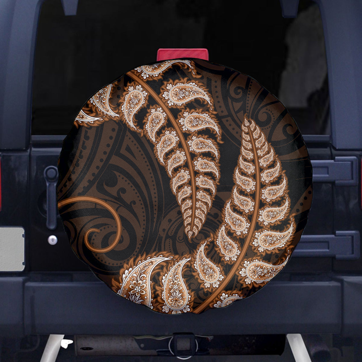 Brown New Zealand Paisley Silver Fern Spare Tire Cover Aotearoa Maori - Vibe Hoodie Shop