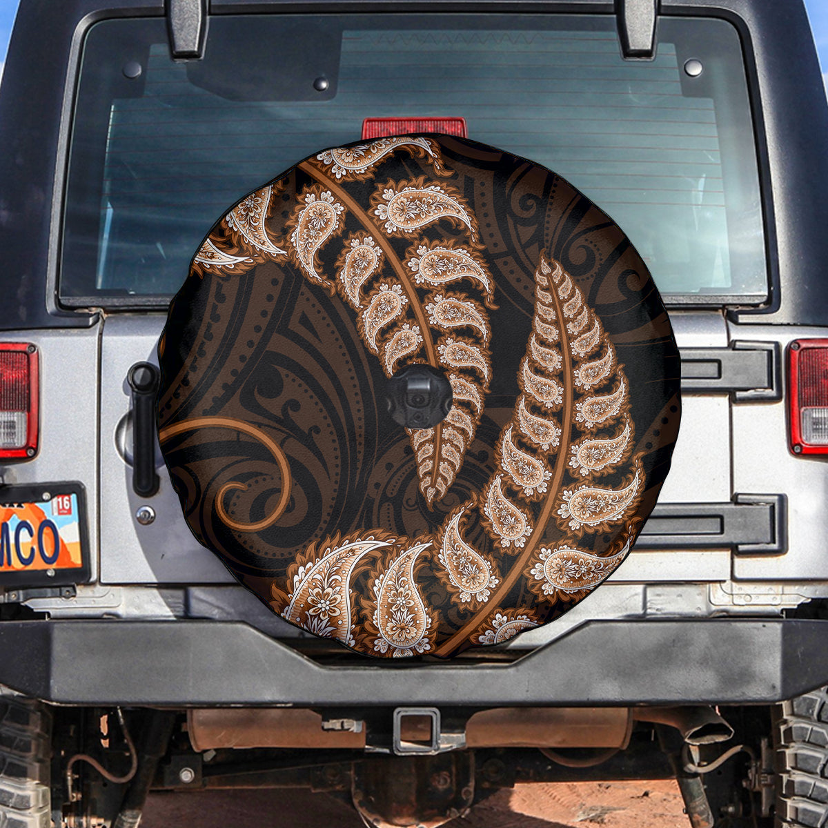 Brown New Zealand Paisley Silver Fern Spare Tire Cover Aotearoa Maori - Vibe Hoodie Shop