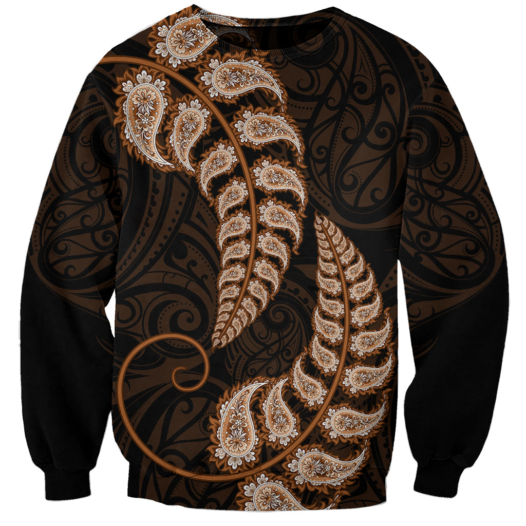 Brown New Zealand Paisley Silver Fern Sweatshirt Aotearoa Maori - Vibe Hoodie Shop