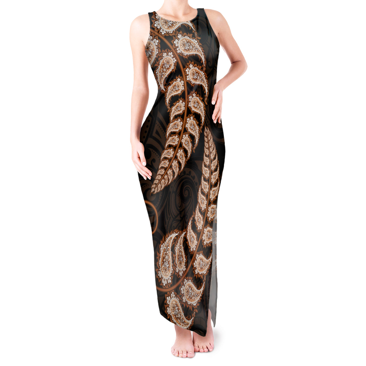 brown-new-zealand-paisley-silver-fern-tank-maxi-dress-aotearoa-maori