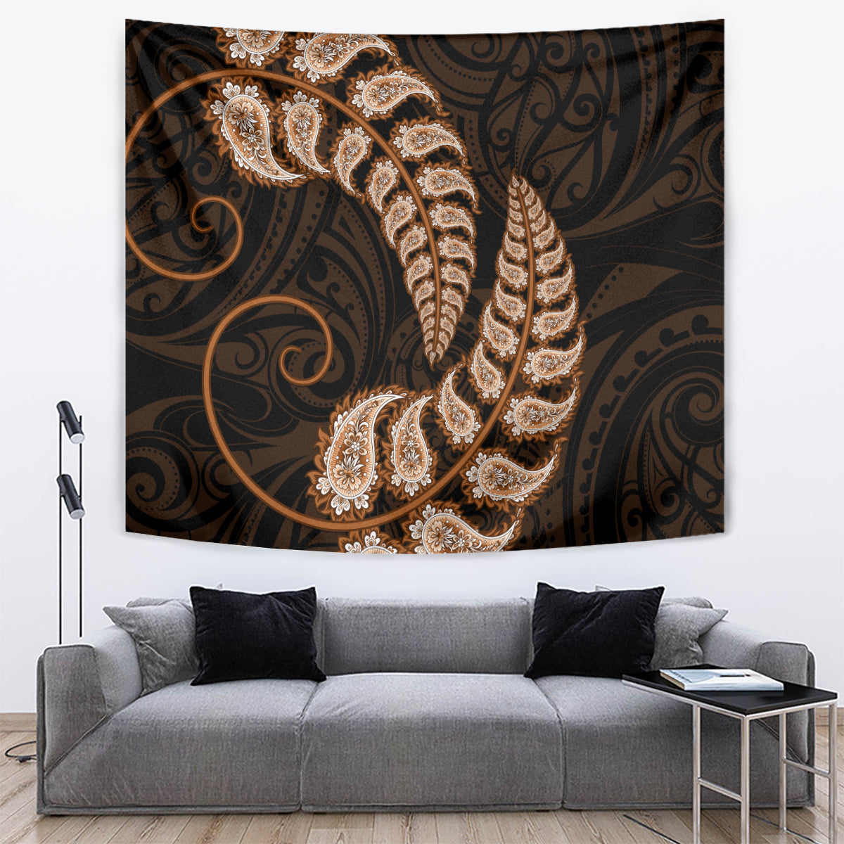 Brown New Zealand Paisley Silver Fern Tapestry Aotearoa Maori - Vibe Hoodie Shop