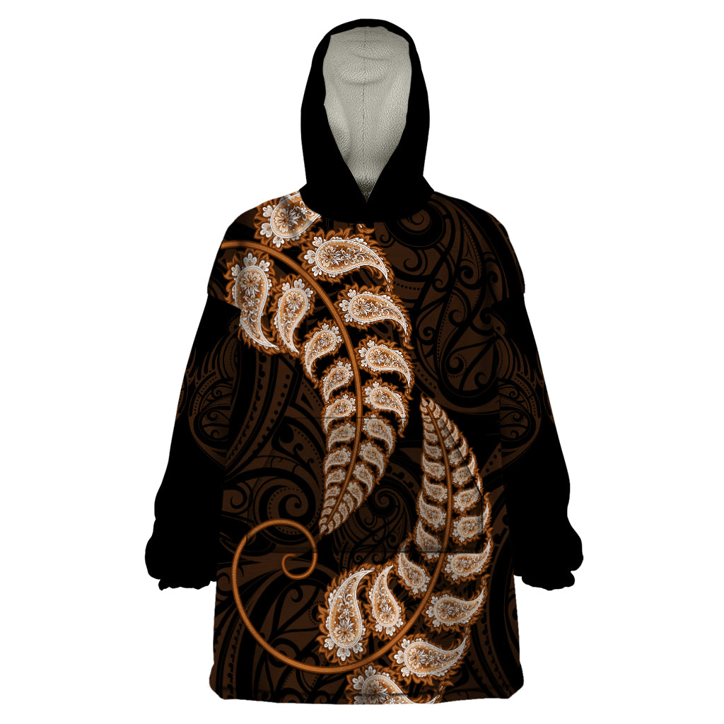 Brown New Zealand Paisley Silver Fern Wearable Blanket Hoodie Aotearoa Maori - Vibe Hoodie Shop