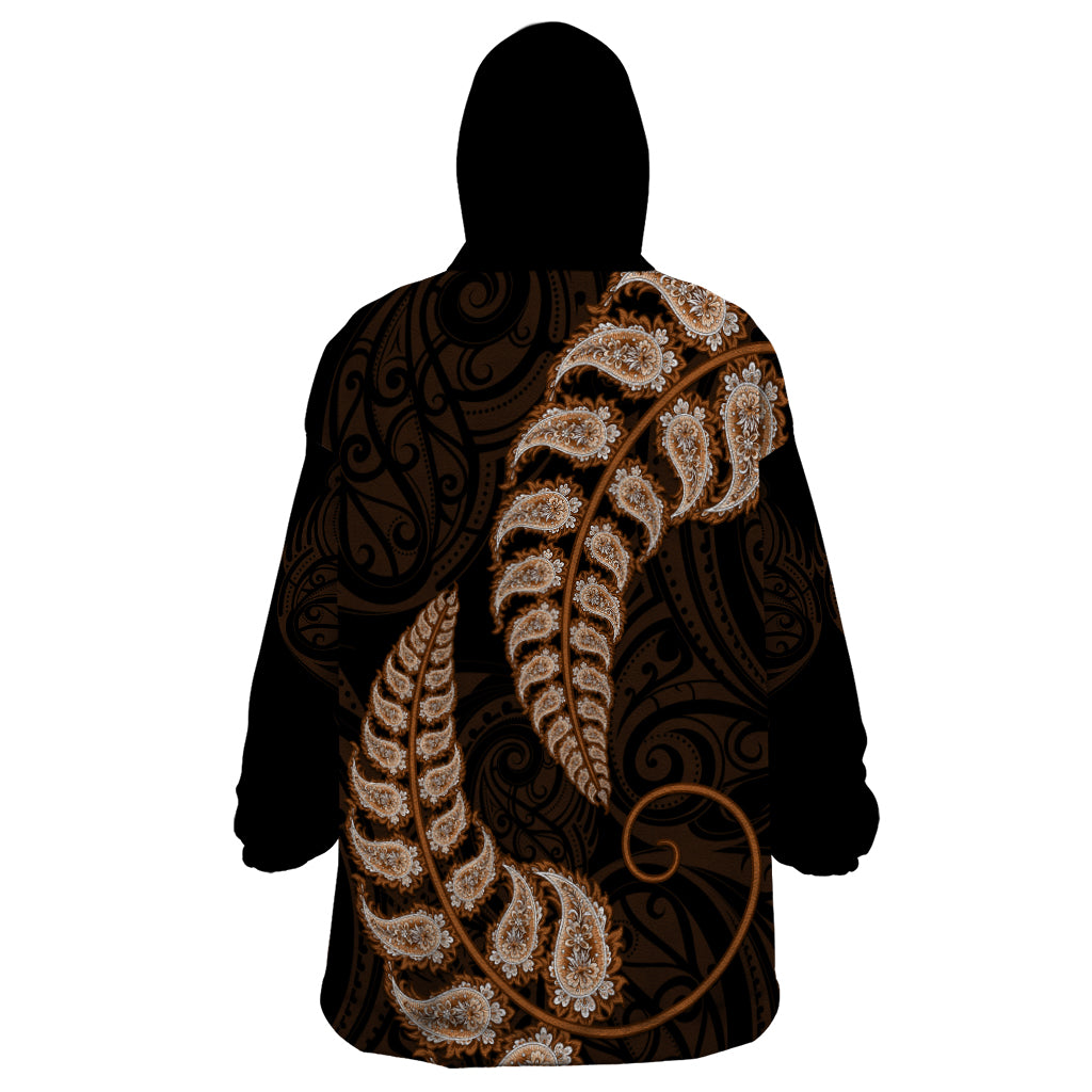 Brown New Zealand Paisley Silver Fern Wearable Blanket Hoodie Aotearoa Maori - Vibe Hoodie Shop