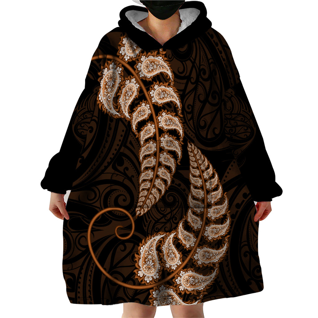 Brown New Zealand Paisley Silver Fern Wearable Blanket Hoodie Aotearoa Maori - Vibe Hoodie Shop