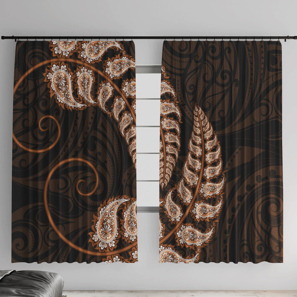 brown-new-zealand-paisley-silver-fern-window-curtain-aotearoa-maori