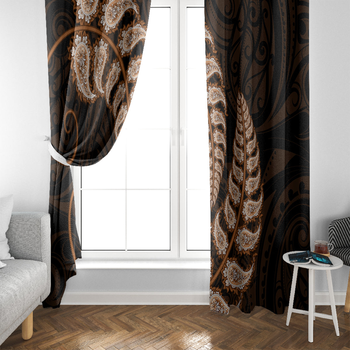 brown-new-zealand-paisley-silver-fern-window-curtain-aotearoa-maori