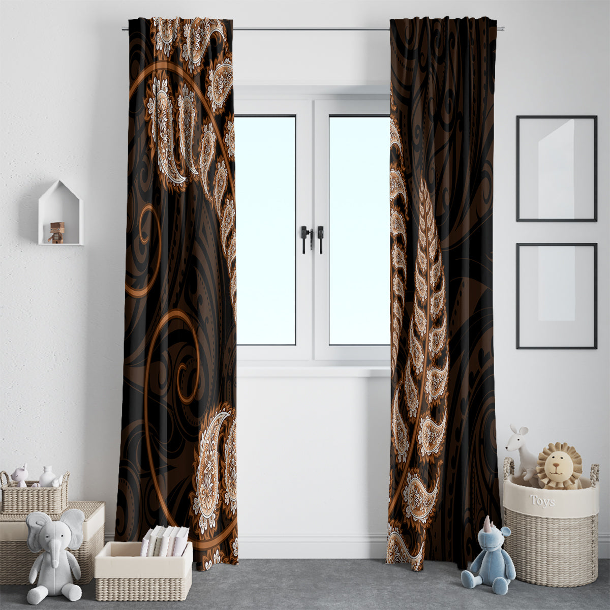 brown-new-zealand-paisley-silver-fern-window-curtain-aotearoa-maori