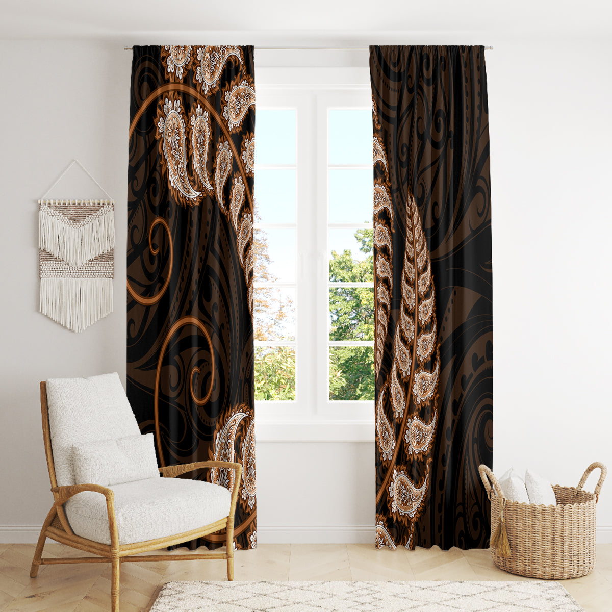 brown-new-zealand-paisley-silver-fern-window-curtain-aotearoa-maori