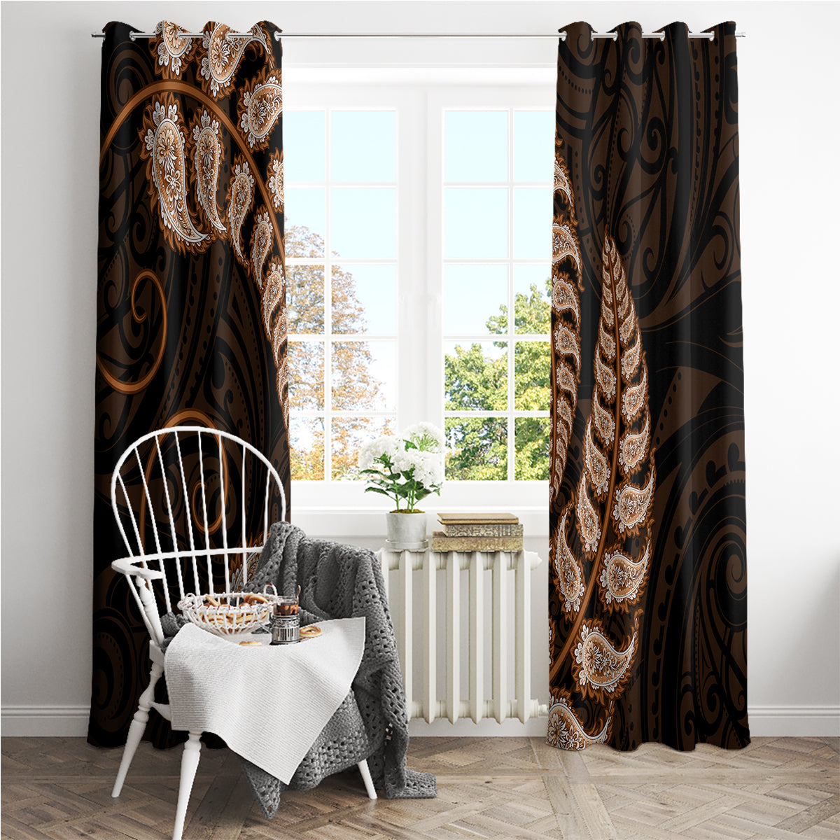 brown-new-zealand-paisley-silver-fern-window-curtain-aotearoa-maori