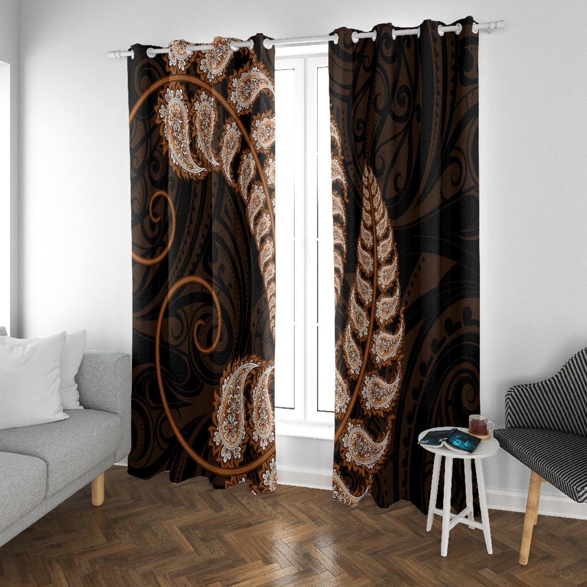 brown-new-zealand-paisley-silver-fern-window-curtain-aotearoa-maori