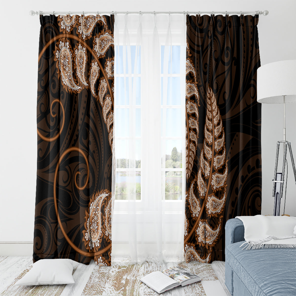 brown-new-zealand-paisley-silver-fern-window-curtain-aotearoa-maori