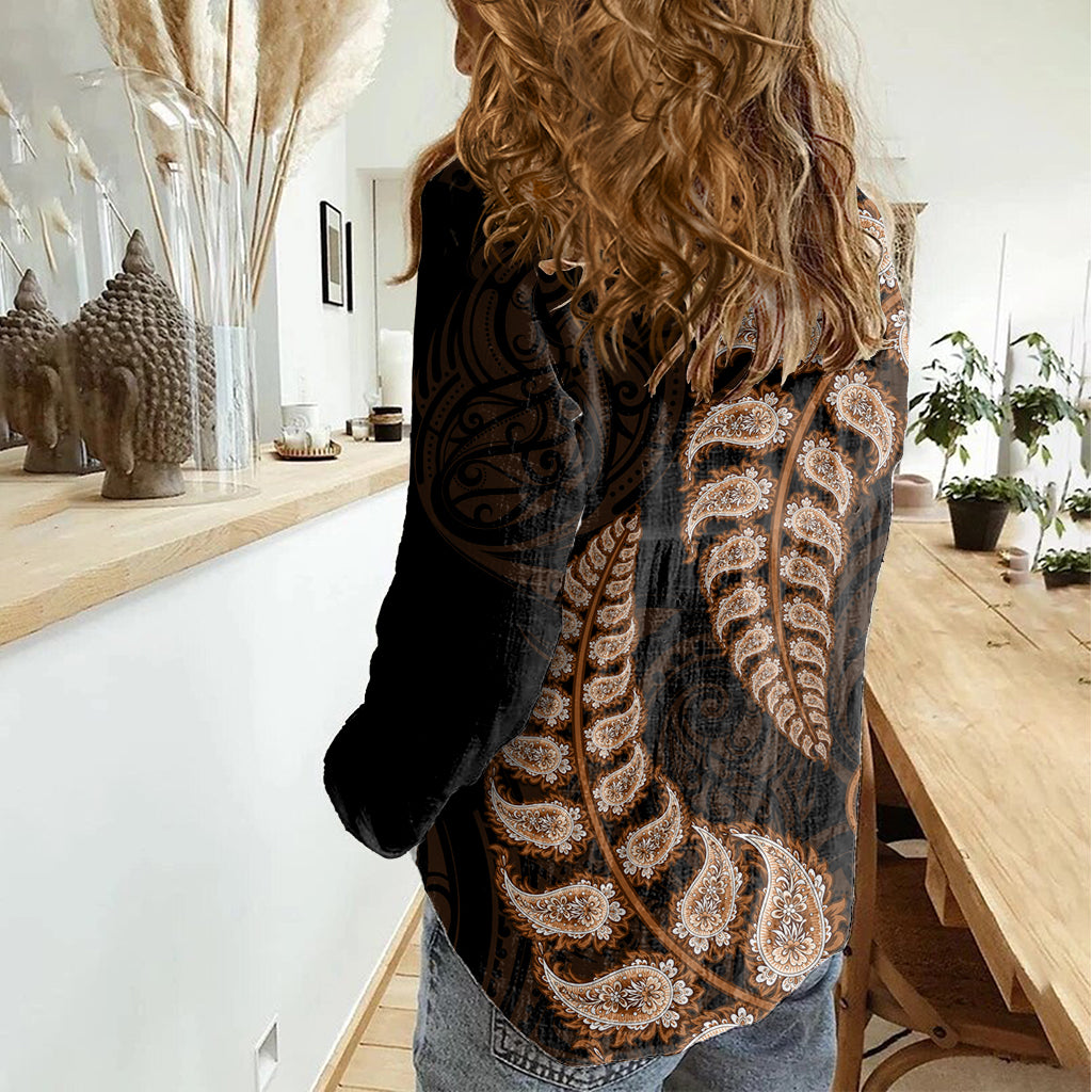 Brown New Zealand Paisley Silver Fern Women Casual Shirt Aotearoa Maori - Vibe Hoodie Shop