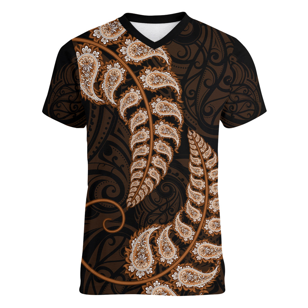 Brown New Zealand Paisley Silver Fern Women V Neck T Shirt Aotearoa Maori - Vibe Hoodie Shop