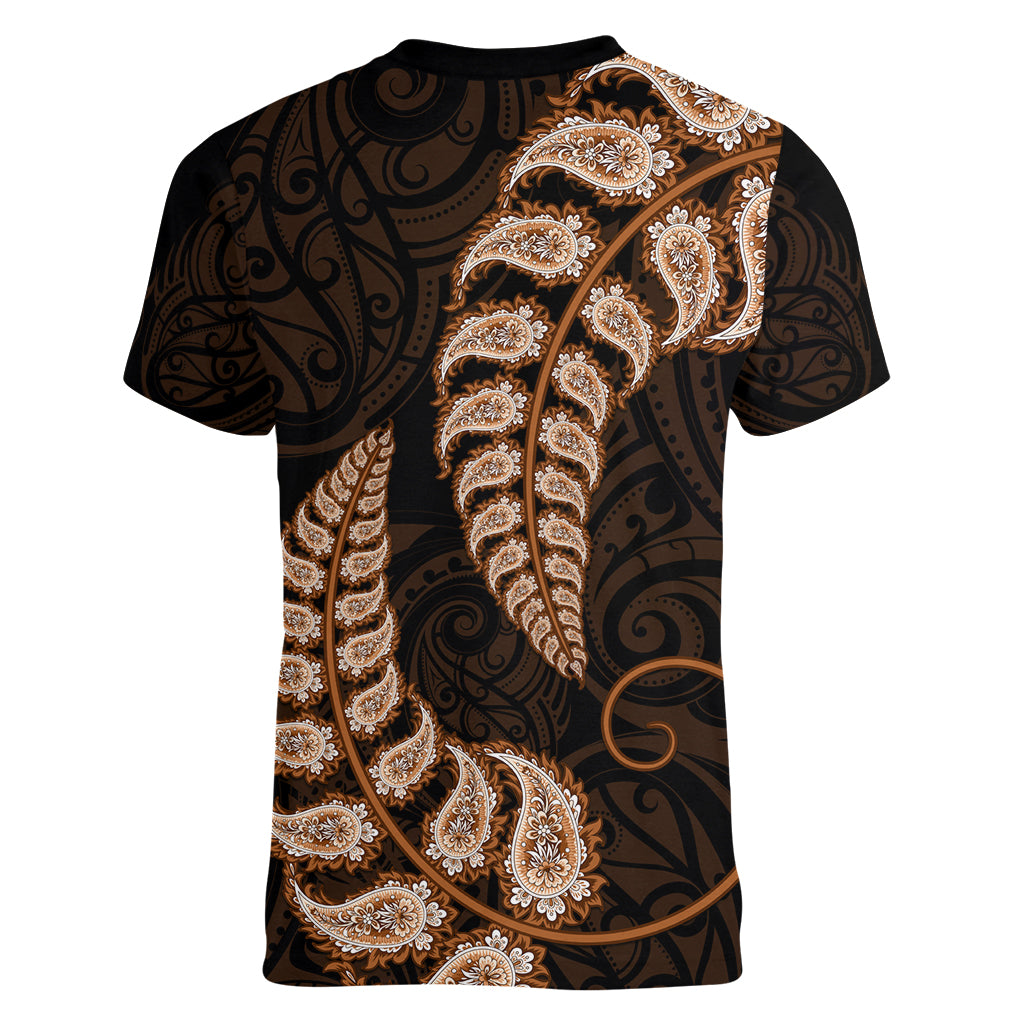 Brown New Zealand Paisley Silver Fern Women V Neck T Shirt Aotearoa Maori - Vibe Hoodie Shop