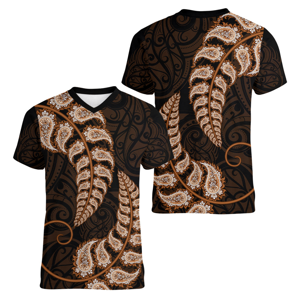 Brown New Zealand Paisley Silver Fern Women V Neck T Shirt Aotearoa Maori - Vibe Hoodie Shop