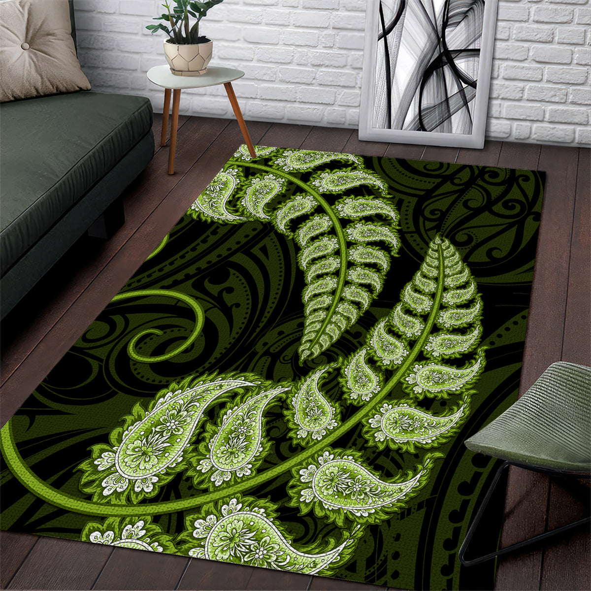 Green New Zealand Paisley Silver Fern Area Rug Aotearoa Maori - Vibe Hoodie Shop