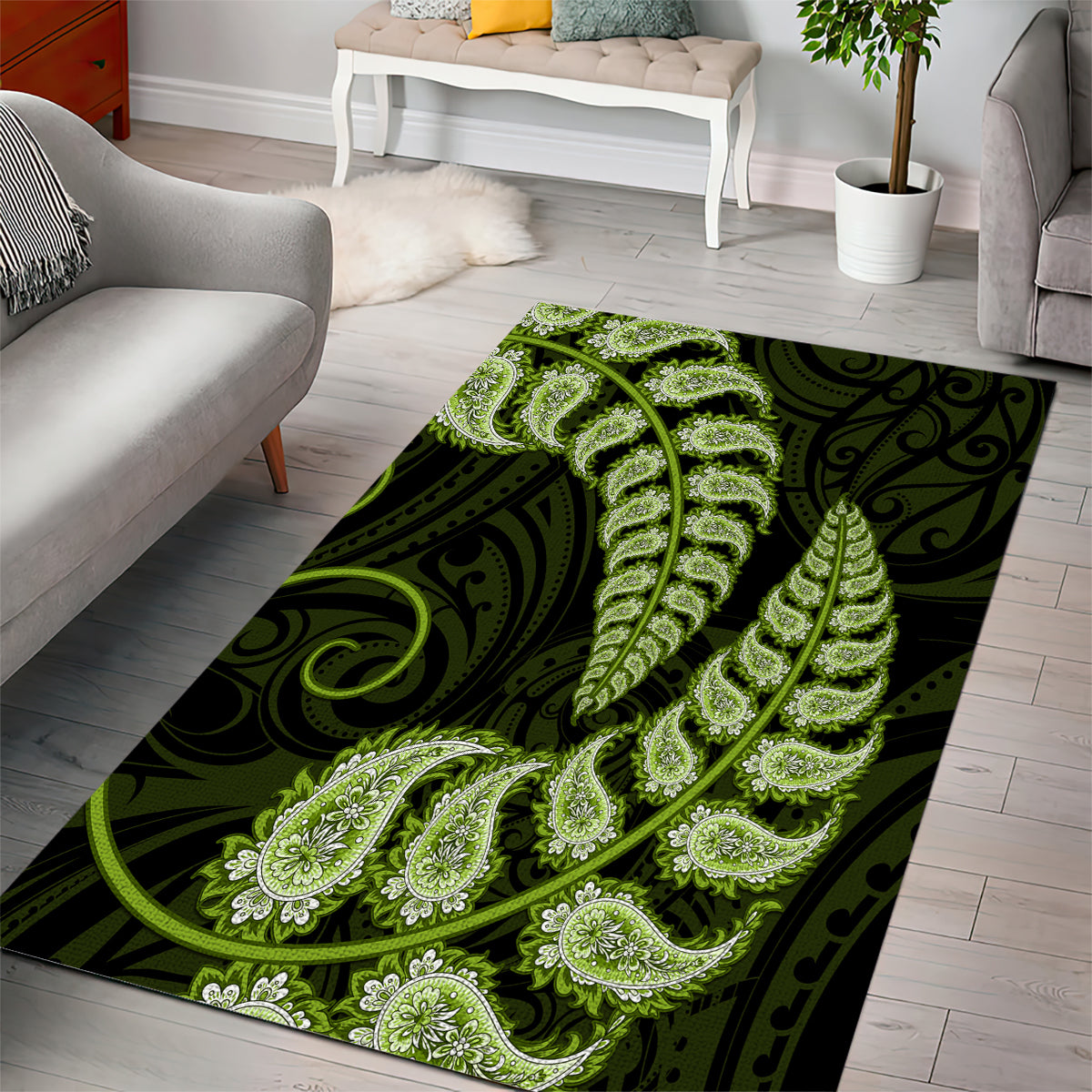 Green New Zealand Paisley Silver Fern Area Rug Aotearoa Maori - Vibe Hoodie Shop