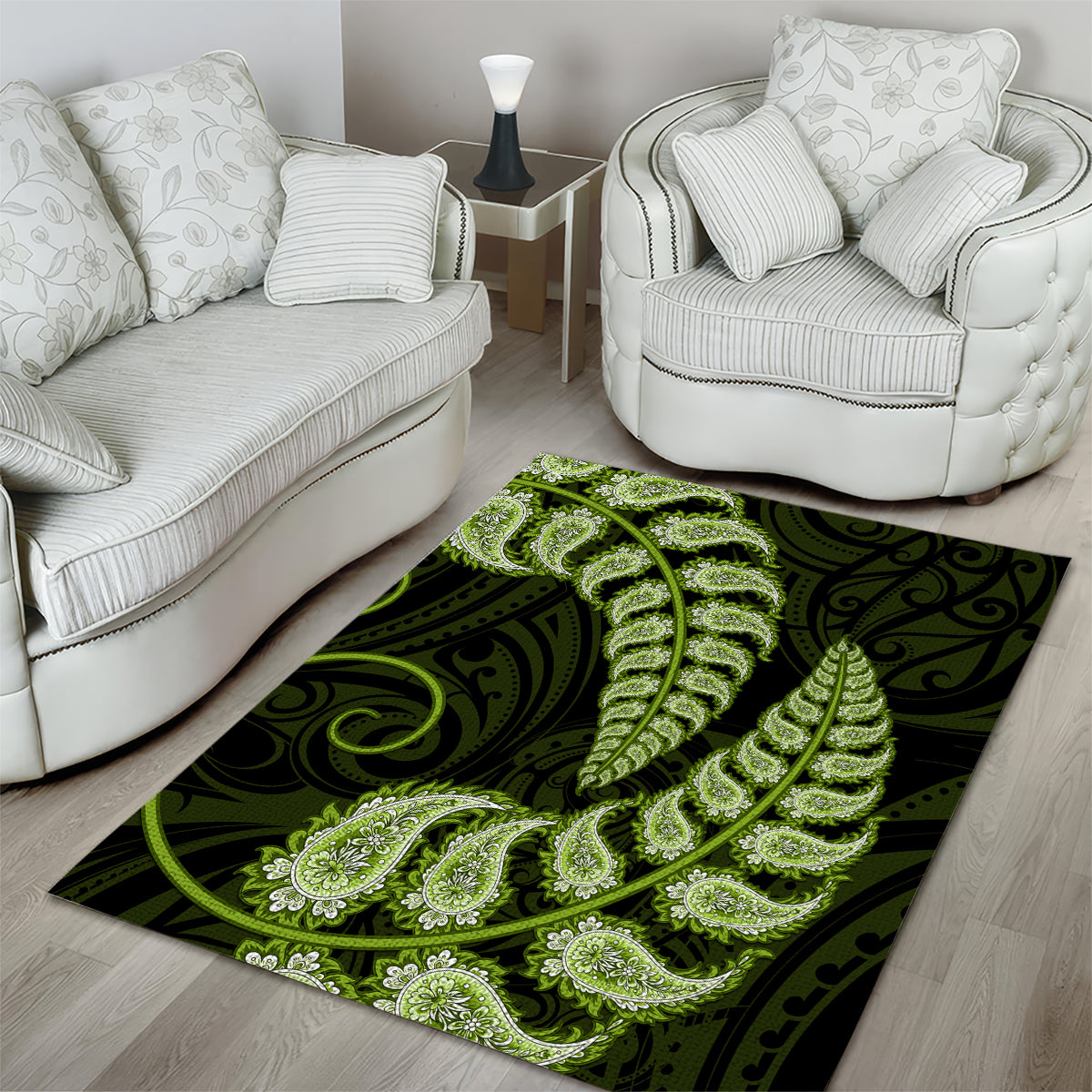 Green New Zealand Paisley Silver Fern Area Rug Aotearoa Maori - Vibe Hoodie Shop