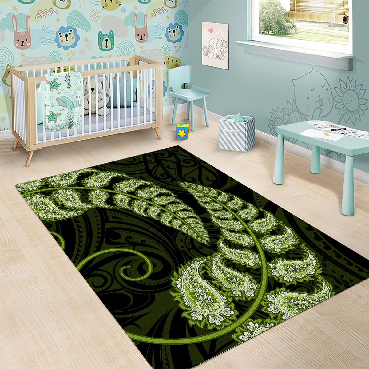 Green New Zealand Paisley Silver Fern Area Rug Aotearoa Maori - Vibe Hoodie Shop