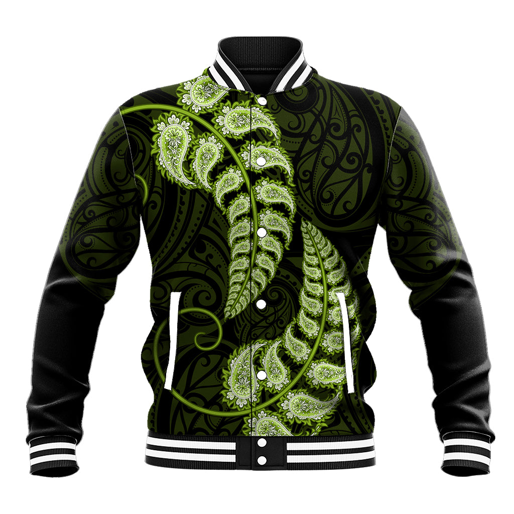 Green New Zealand Paisley Silver Fern Baseball Jacket Aotearoa Maori - Vibe Hoodie Shop