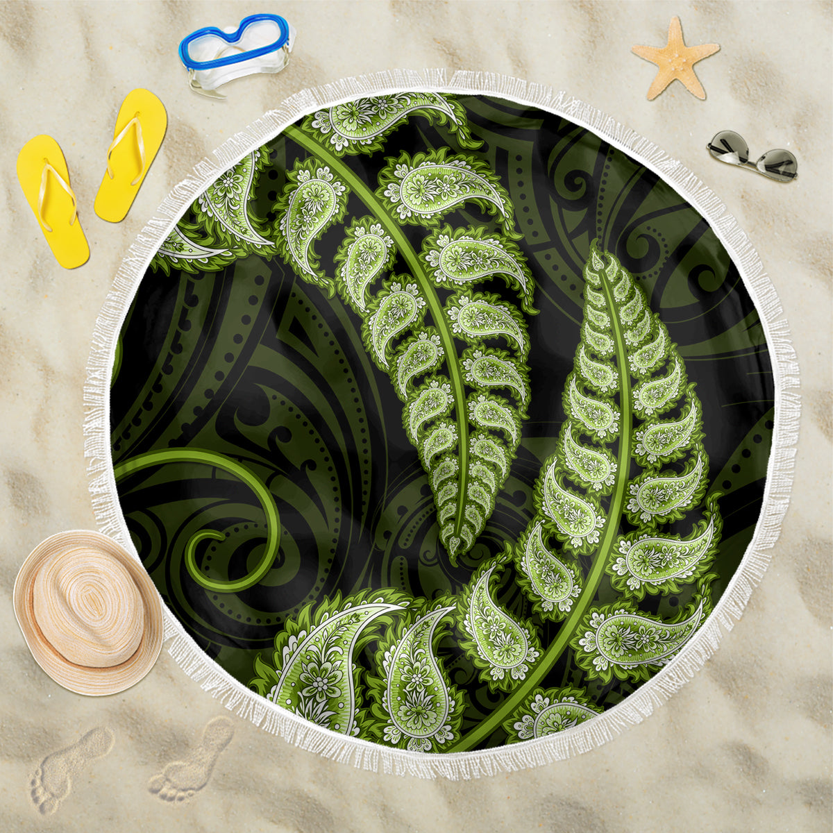 green-new-zealand-paisley-silver-fern-beach-blanket-aotearoa-maori