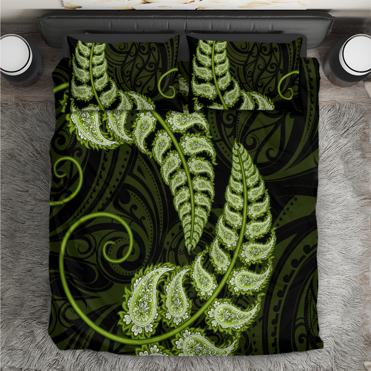 Green New Zealand Paisley Silver Fern Bedding Set Aotearoa Maori - Vibe Hoodie Shop