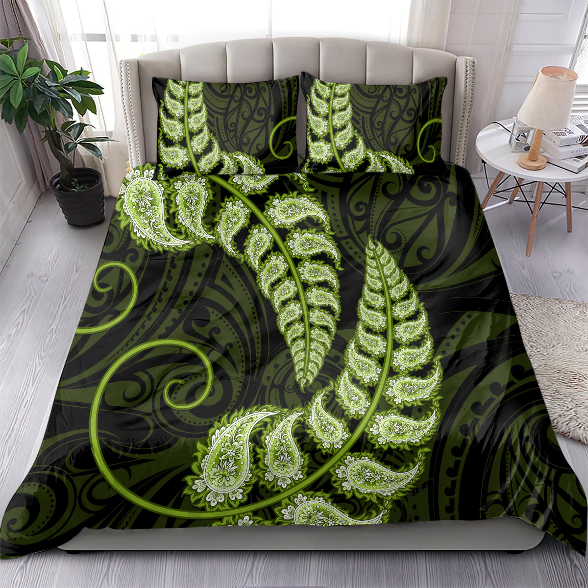 Green New Zealand Paisley Silver Fern Bedding Set Aotearoa Maori - Vibe Hoodie Shop