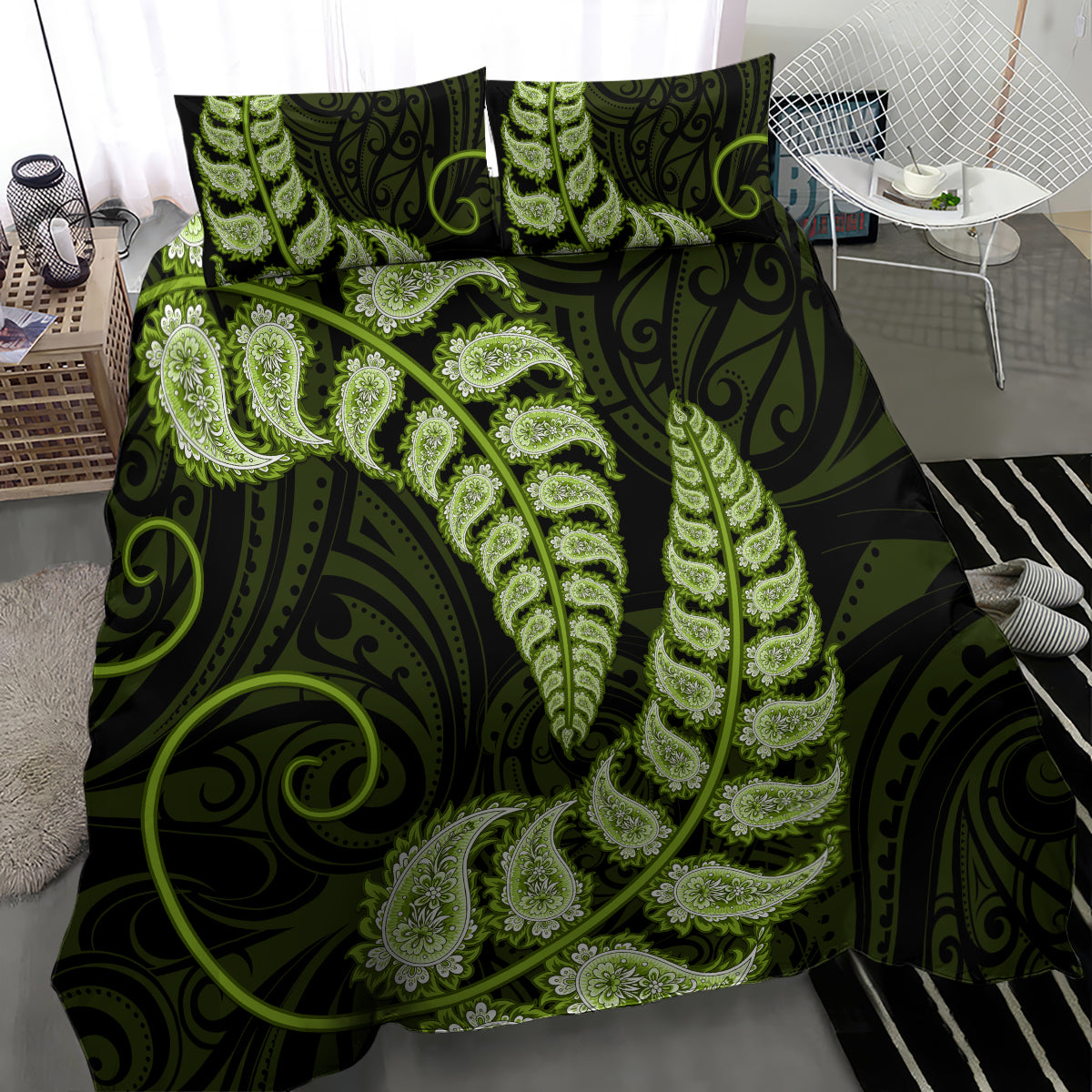 Green New Zealand Paisley Silver Fern Bedding Set Aotearoa Maori - Vibe Hoodie Shop